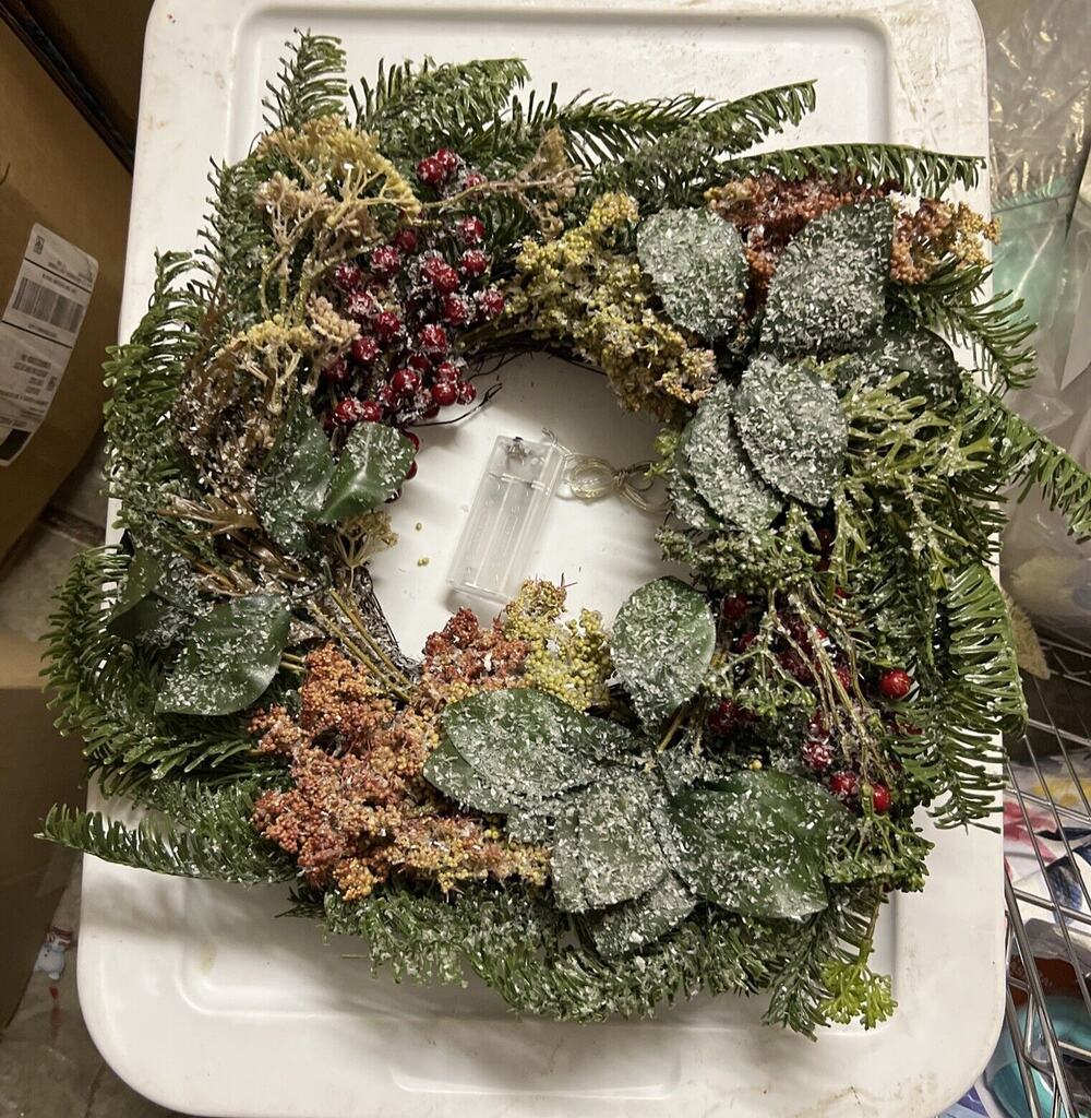 Light Up Christmas Wreath Frosted With Bow New 14” Across